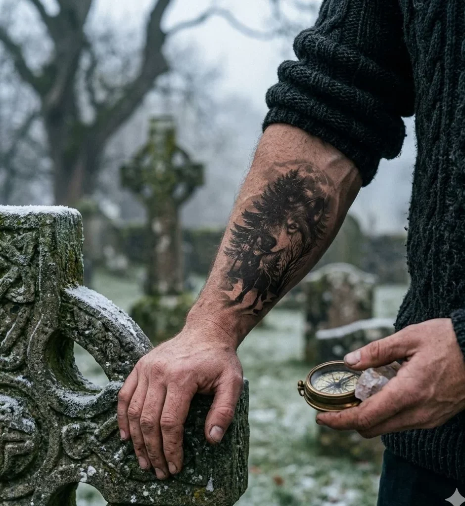 tatuaje-temporal-lobo-bosque-antebrazo-realista-bewolfat