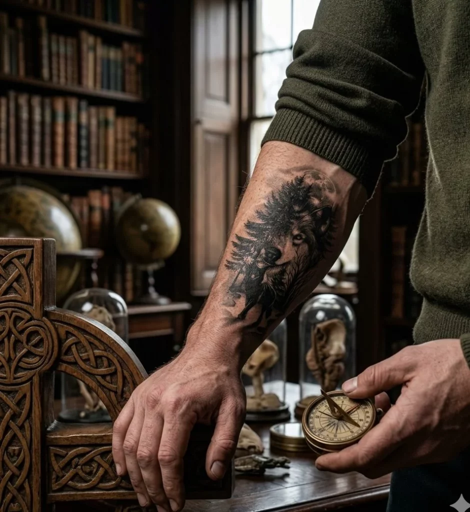 tatuaje-temporal-lobo-bosque-antebrazo-vintage-bewolfat