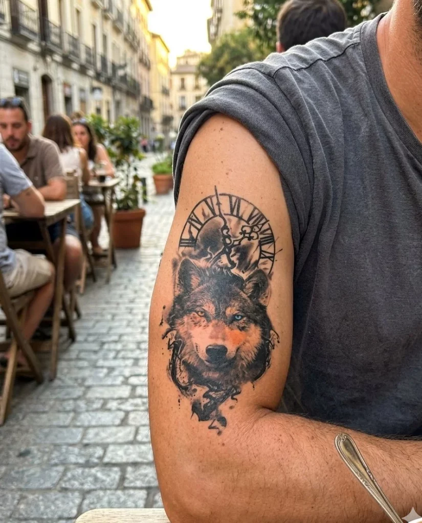 tatuaje-temporal-lobo-reloj-hombro-terraza-ciudad-bewolfat