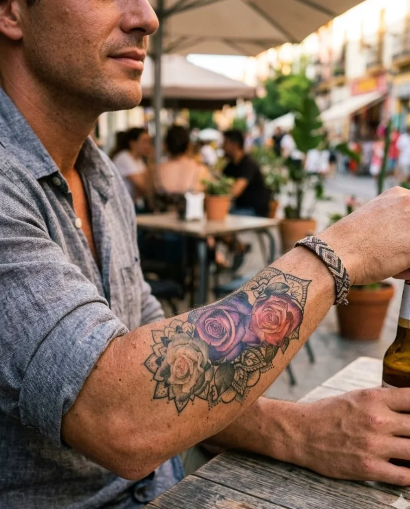 tatuaje-temporal-rosas-mandala-antebrazo-terraza-bewolfat